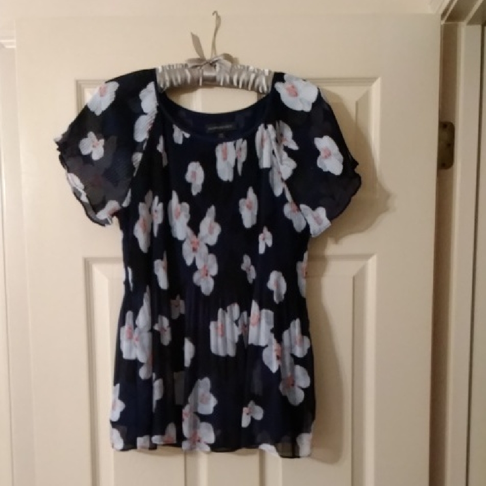 Banana Republic Navy Blouse with White and Pink Floral Trim